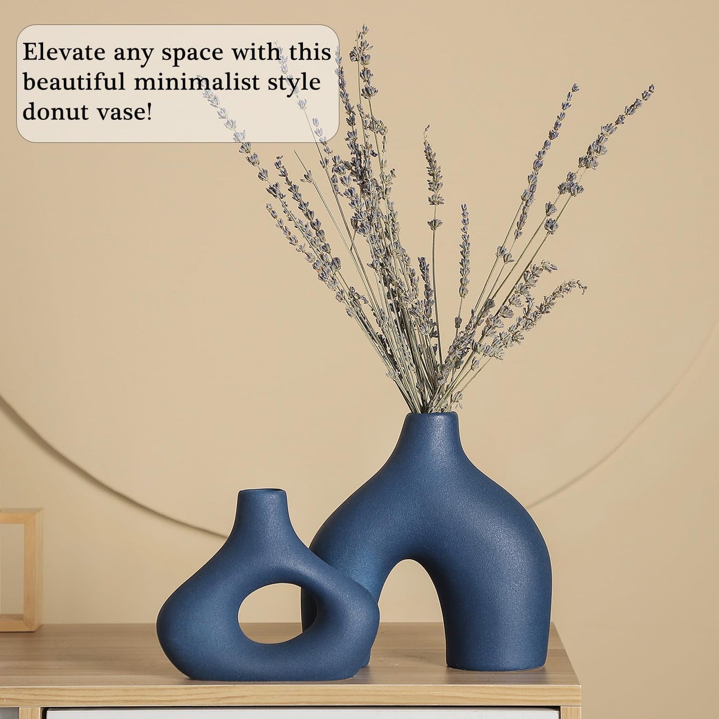 CEMABT Blue Ceramic Vase Set of 2 for Modern Minimalist Bohemian Decor，Round Matte Donut Vases for Pampas Grass-Perfect for Living Room, Dining Table, Office Bedroom Shelf Decor Entryway, Console