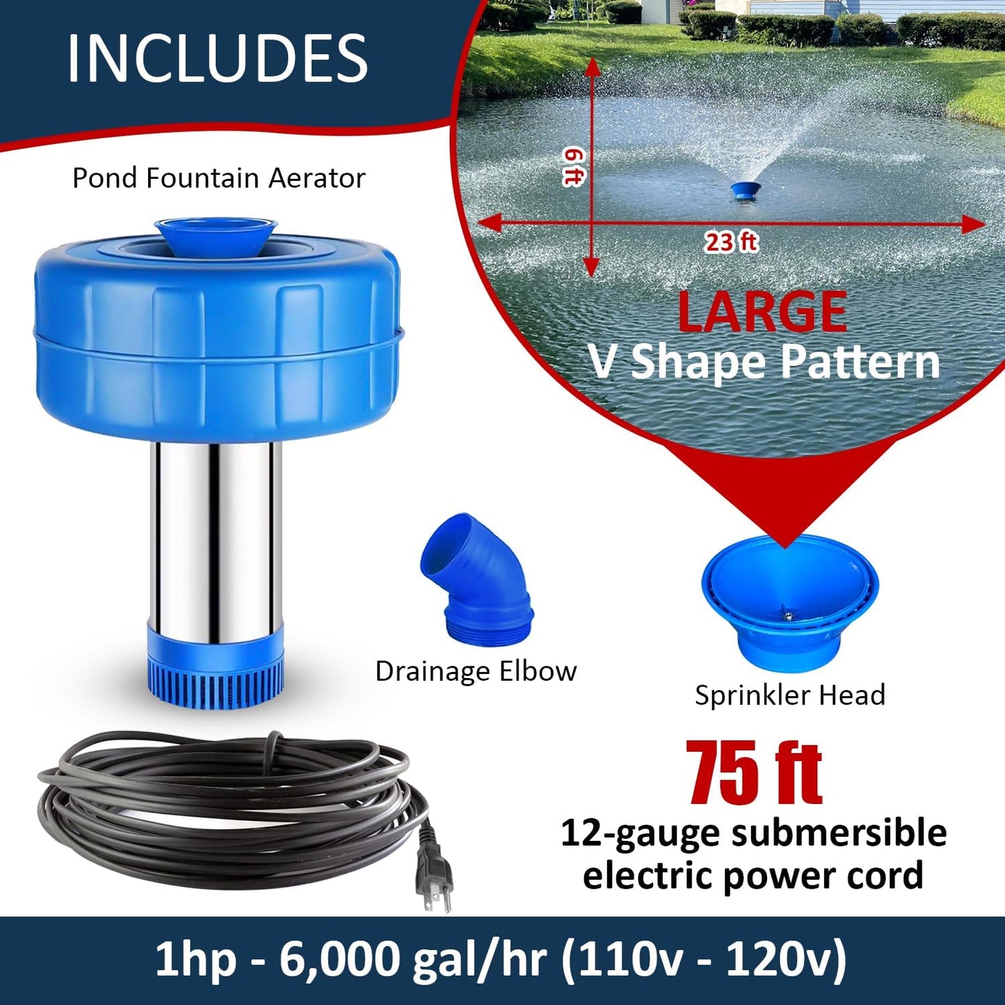 Pond Fountain Aerator - 1HP / 110V 75ft Cord | Stainless Steel Lake Fountain | V-Shape Display | Pond Cascade Pump for Large Ponds | Pond Jet System | Fresh/Salt Water | W/100ft Rope (1 HP)