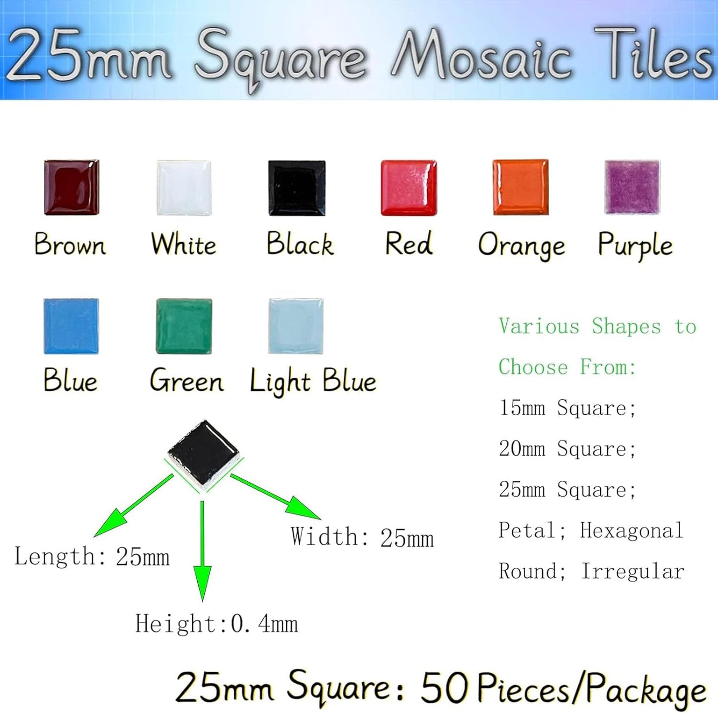 50 Pieces Light Blue Mosaic Tiles for Crafts 1" Ceramic Tiles Assorted Colors Square Ceramic Mosaic Project Supplies for Photo Frame Mosaic Stepping Stones Bath Old Pool Furniture Decor