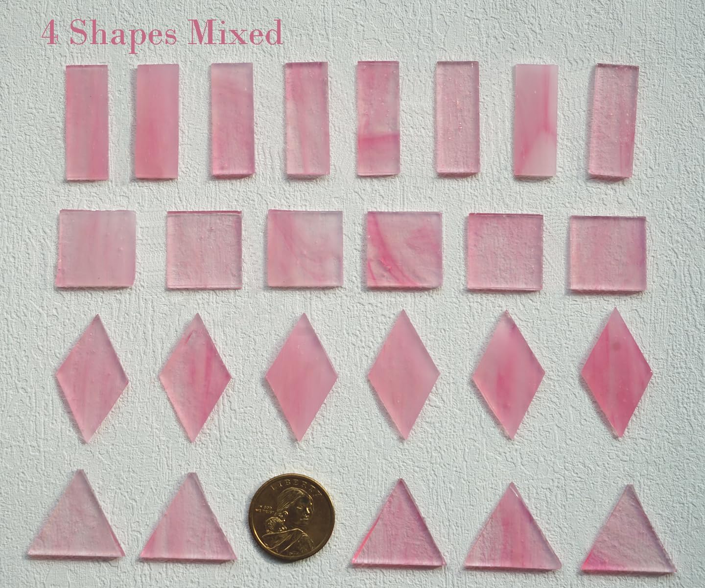Crisp Texture Transparent Glass Mosaic Tiles, 200g Stained Glass Pieces, 4 Shapes Pre-Cut, Misty Pink