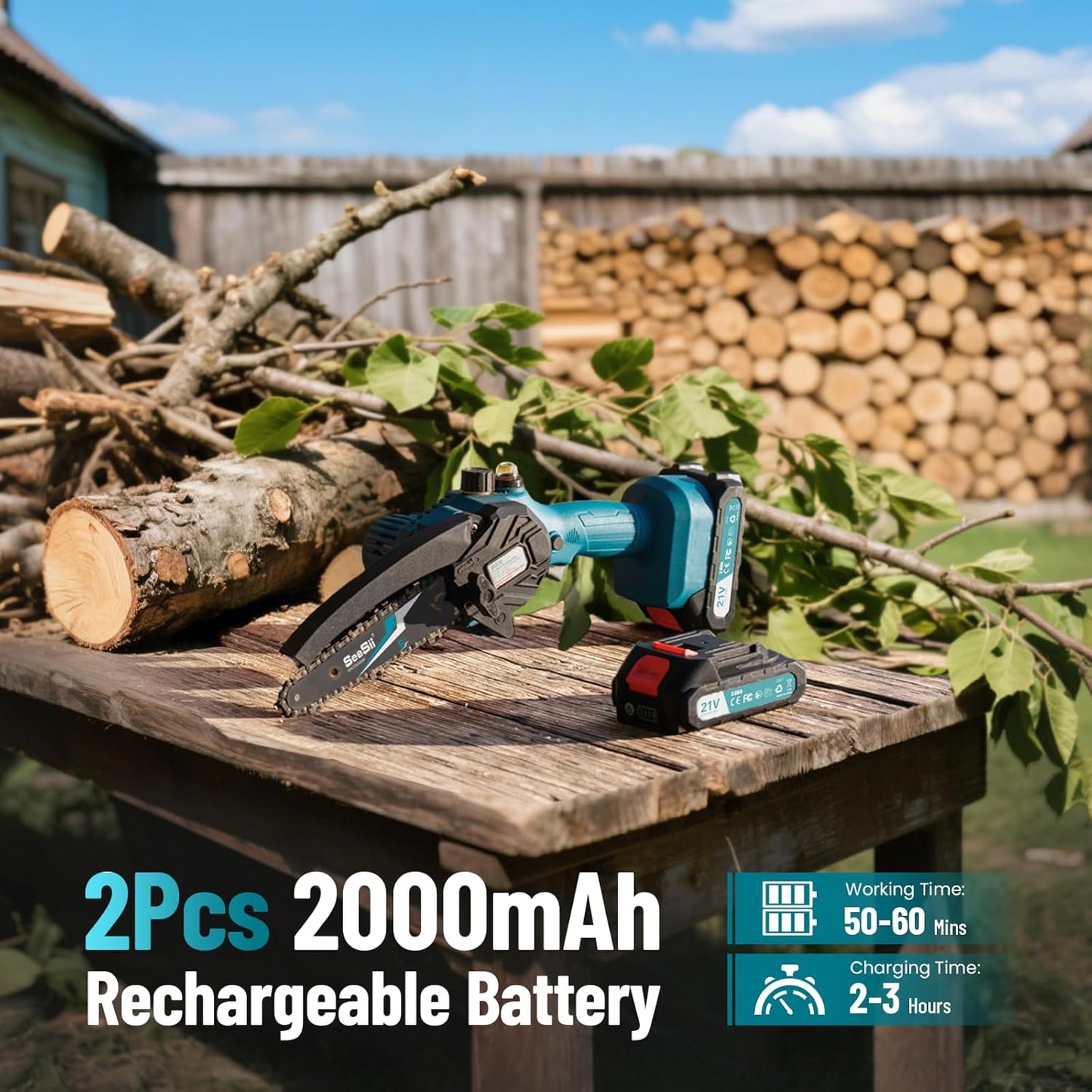 SEESII Mini Chainsaw 6 inch,Cordless Chainsaw w/ 2x2000mAh Batteries,Oiler System & Replacement Chain,Handheld Electric Chain Saw w/Safety Lock,Battery Powered Chainsaw for Wood Tree Cutting, CH600+