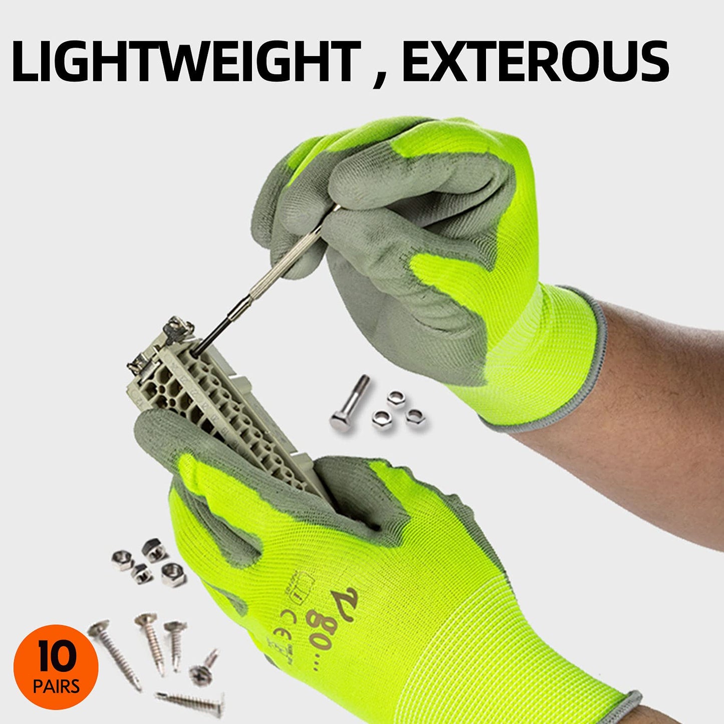Vgo... 10-Pairs Safety Work Gloves, Gardening Gloves, Polyurethane Coated, Dipping Gloves, Latex Free (Size S, Yellow, PU2103)