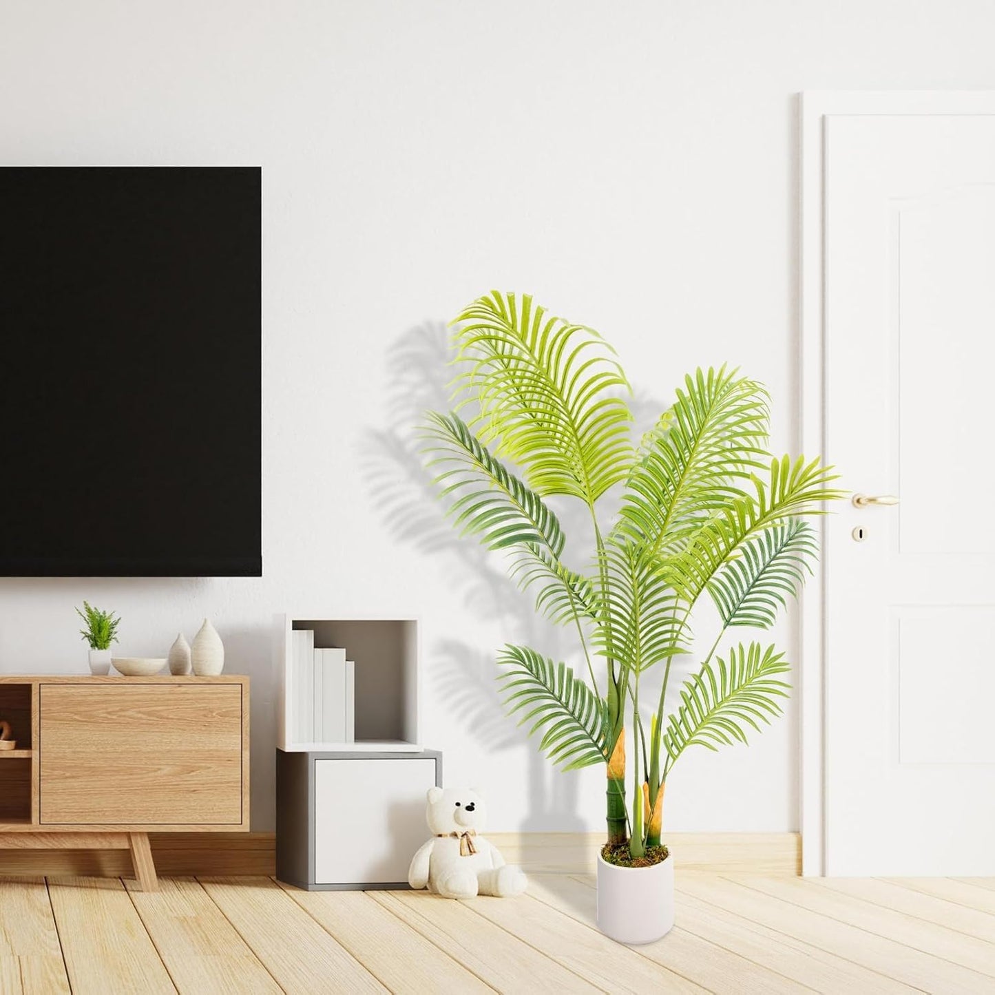 Artificial Fake Palm Tree 5FT 1Pack with White Planter & Free Moss, UV Resistant Artificial Palm Tree for Outdoors, Fake Plants for Poolside Home Room Decor, Faux Plants Outdoor Decor