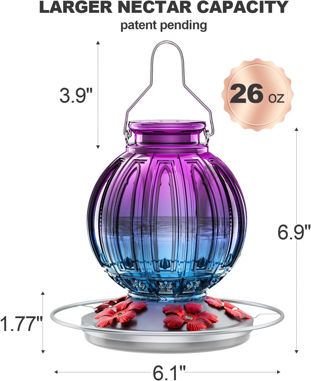 Glass Hummingbird Feeder for Outdoors Hanging, 26Oz Bird Nectar Feeder with Perch & 5 Flower Feeding Ports, Leak Proof for Outside Garden Decor Backyard, Gifts for Women Mom, Purple Blue
