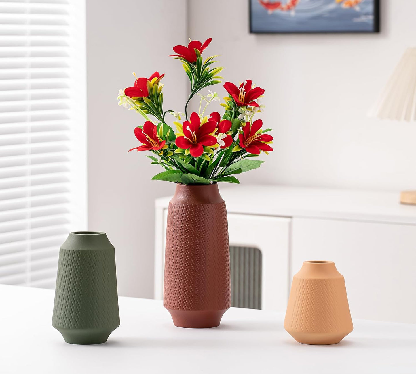 Ceramic Vase Set of 3, Modern Multicolor Pattern Flower Vases for Home Decor, Office, Centerpieces, Boho Farmhouse Style (Red/Green/Orange)