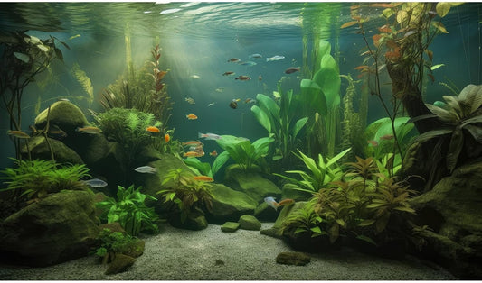 Under The Sea Aquarium Background Underwater Aquatic Plants Fish Tank Background Tropical Fish Rock with Moss Terrarium Background Undersea Green Grass with Sunbeams Terrarium Background 72x24in