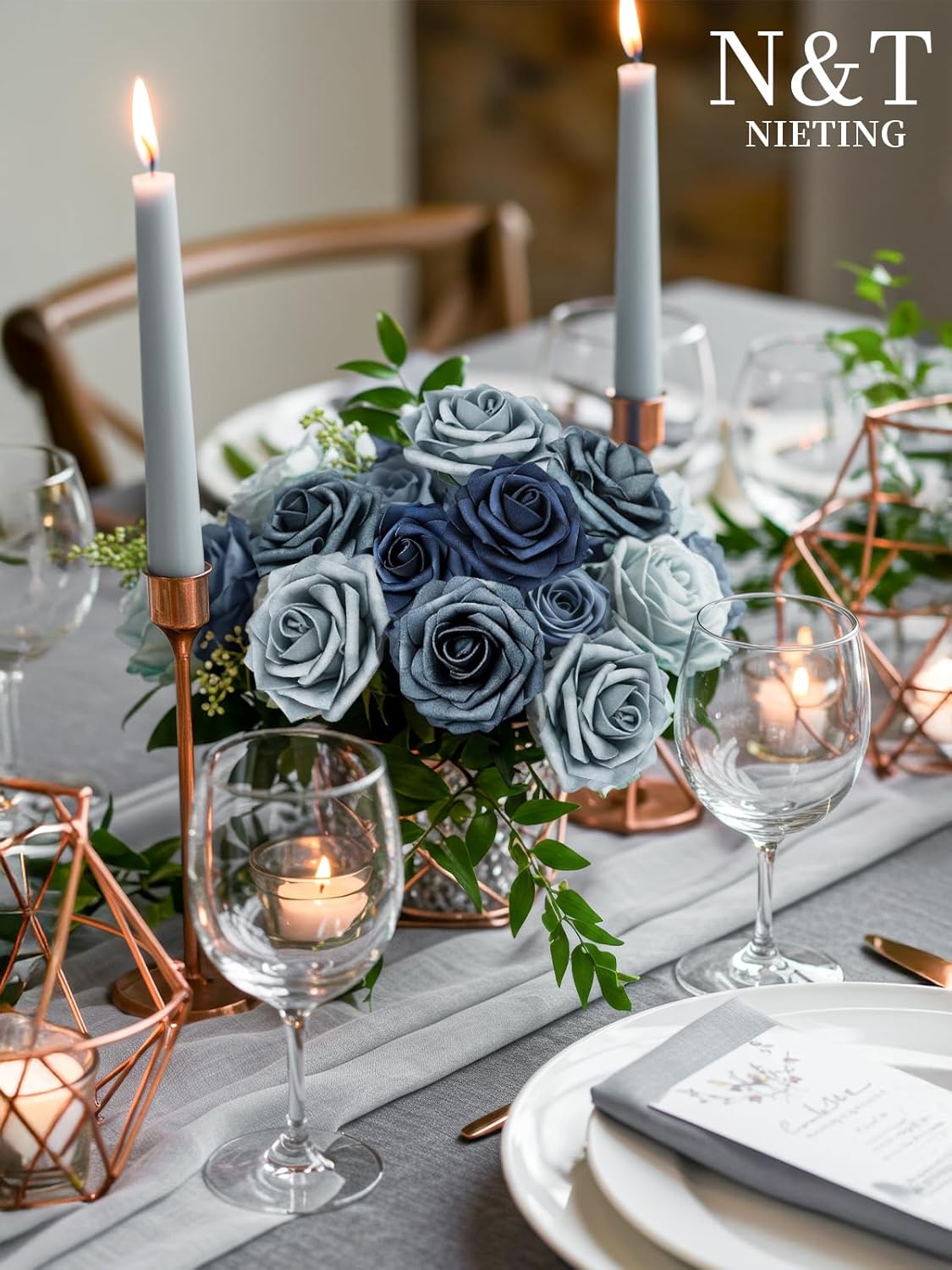 N&T NIETING Fake Roses,25pcs Artificial Flowers Dusty Blue Fake Roses Faux Flowers Fake Flowers for DIY Wedding Bouquets Centerpieces Floral Arrangements Home Decorations Shades of Navy Blue
