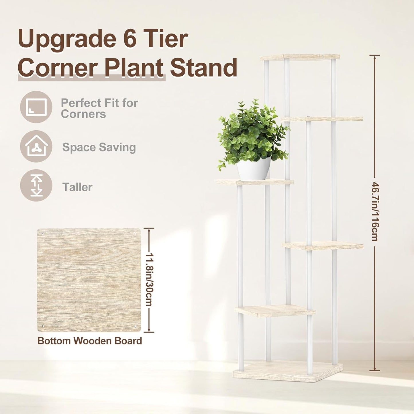 6 Tier Tall Plant Stand Indoor, Large Metal Wood Muti Level Vertical Planter Shelf Orchid Holder for Narrow Corner, Sturdy Heavy Duty Flower Display Rack for House Decor Living Room Bedroom, White