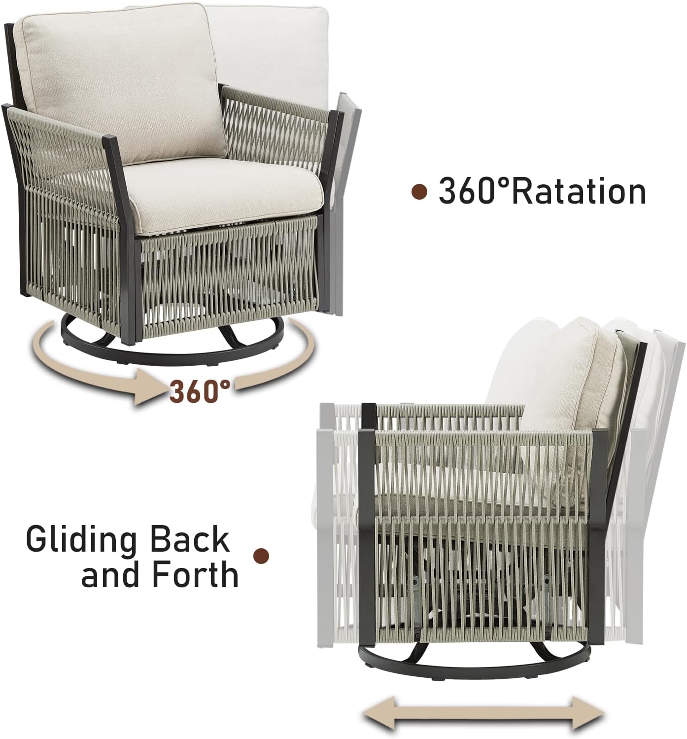 Patio Furniture Wicker Outdoor Conversation Set, 5-Piece All Weather Patio Furniture Rattan Rocking Sets w/Removable Cushions & Ottomans for Backyard, Balcony, Deck, Beige