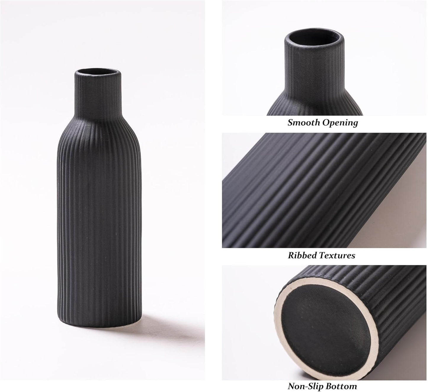 Ceramic Vase Set of 3, Flower Vases for Spring Room Decor, Kitchen Farmhouse, Modern Boho Style(Khaki/Black/Grey)