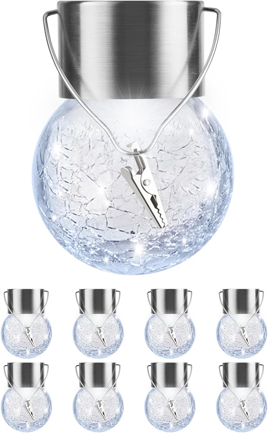 Solar Lights Outdoor Hanging Decorative Globe 8 Pack, Waterproof Solar Lantern with Handle and Clip, Solar Powered Glass Ball Lights for Garden Yard Fence Tree Umbrella Holiday Décor, Cold White