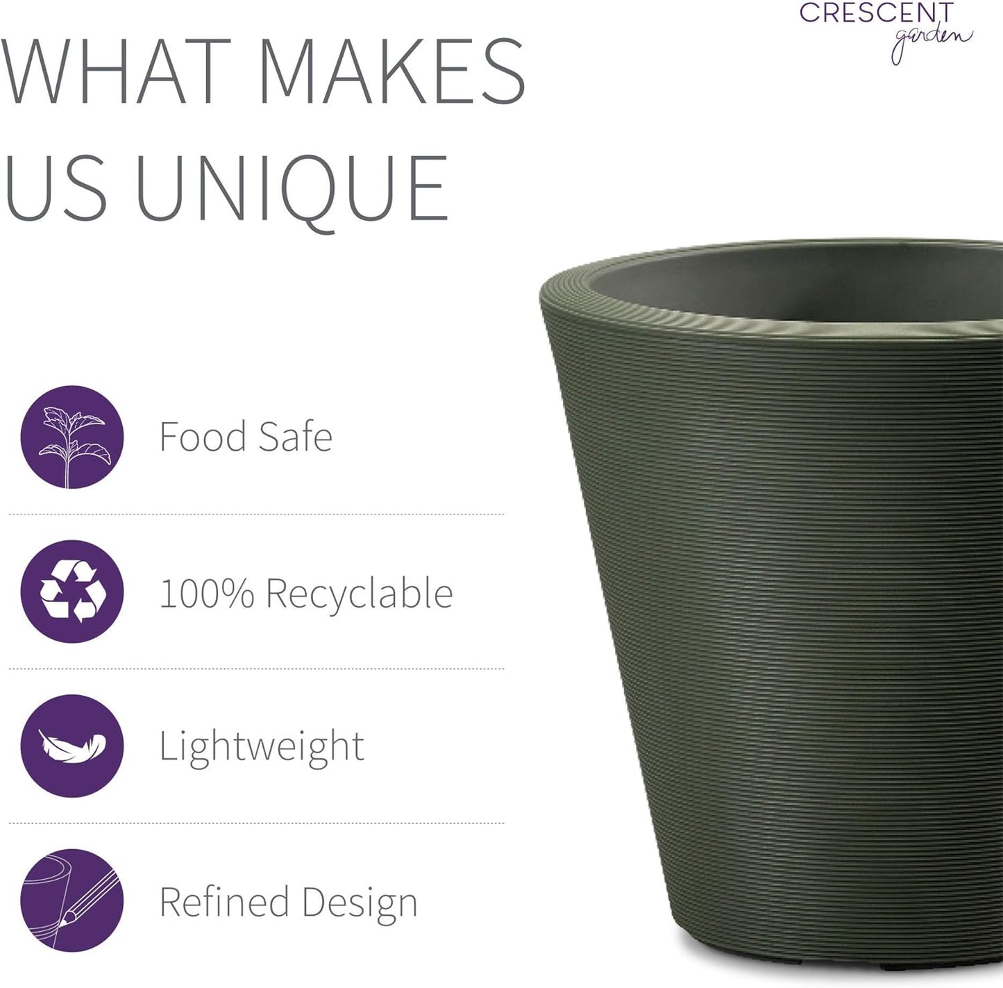 Crescent Garden Madison Planter– Weather-Resistant, Double Walled Indoor/Outdoor Plant Pot with Drain Hole – Durable All-Season Flower Container, 14" W (Olive)