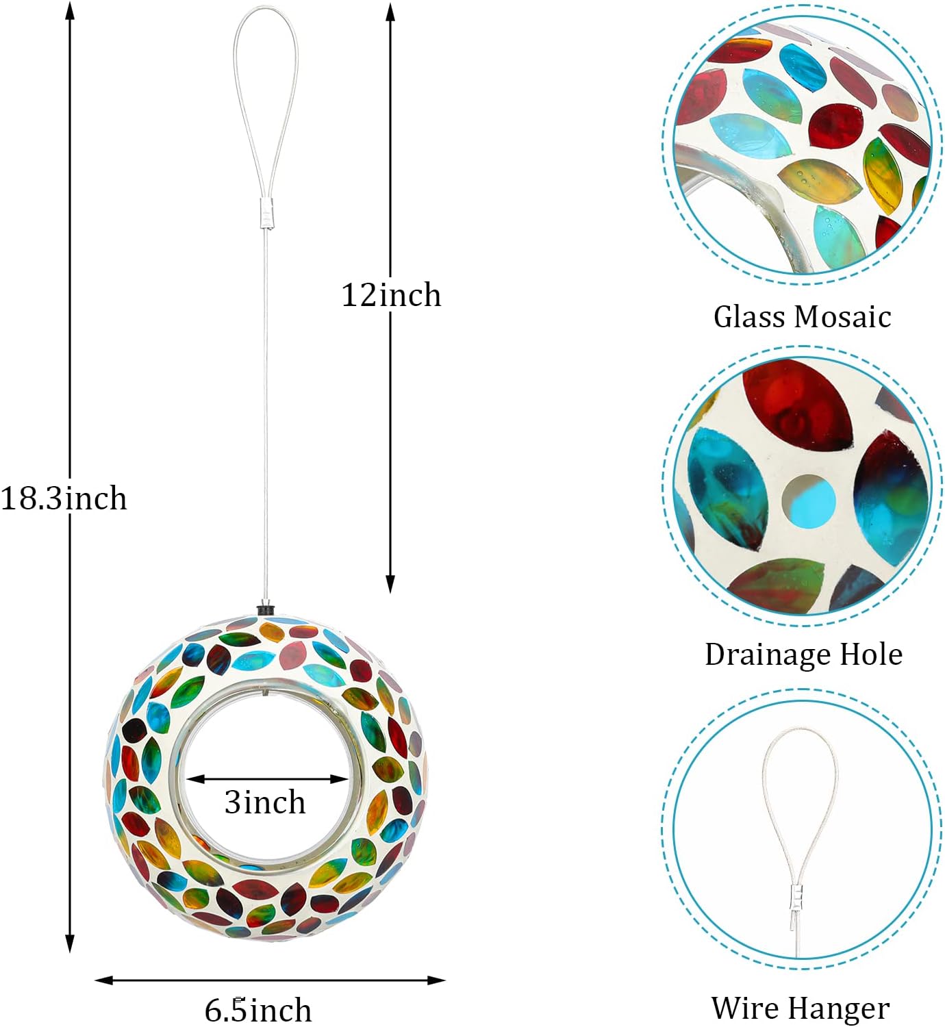 Yinns Bird Feeder - Hanging Mosaic Glass Birdfeeder, Fly Through Bird Feeders with Oval Stained Glass, Outdoor Garden Decor, 6.5 inch