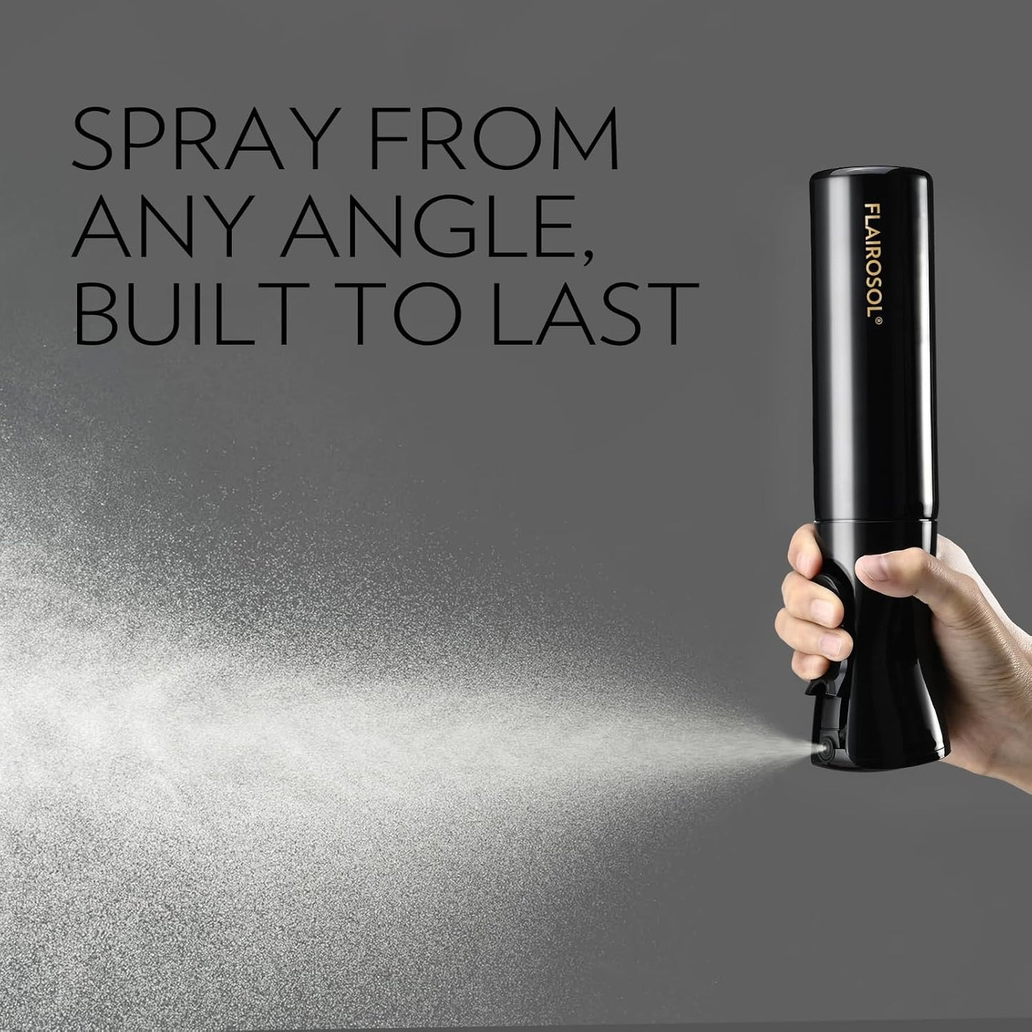 FLAIROSOL Spray Bottle for Hair, Continuous Spray Bottle with 0.3MM Ultra Fine Mist, Water Mister for Hairstyling, Cleaning, Plants, Pets, 10.1oz/300ml, Black Bottle, Gold Print