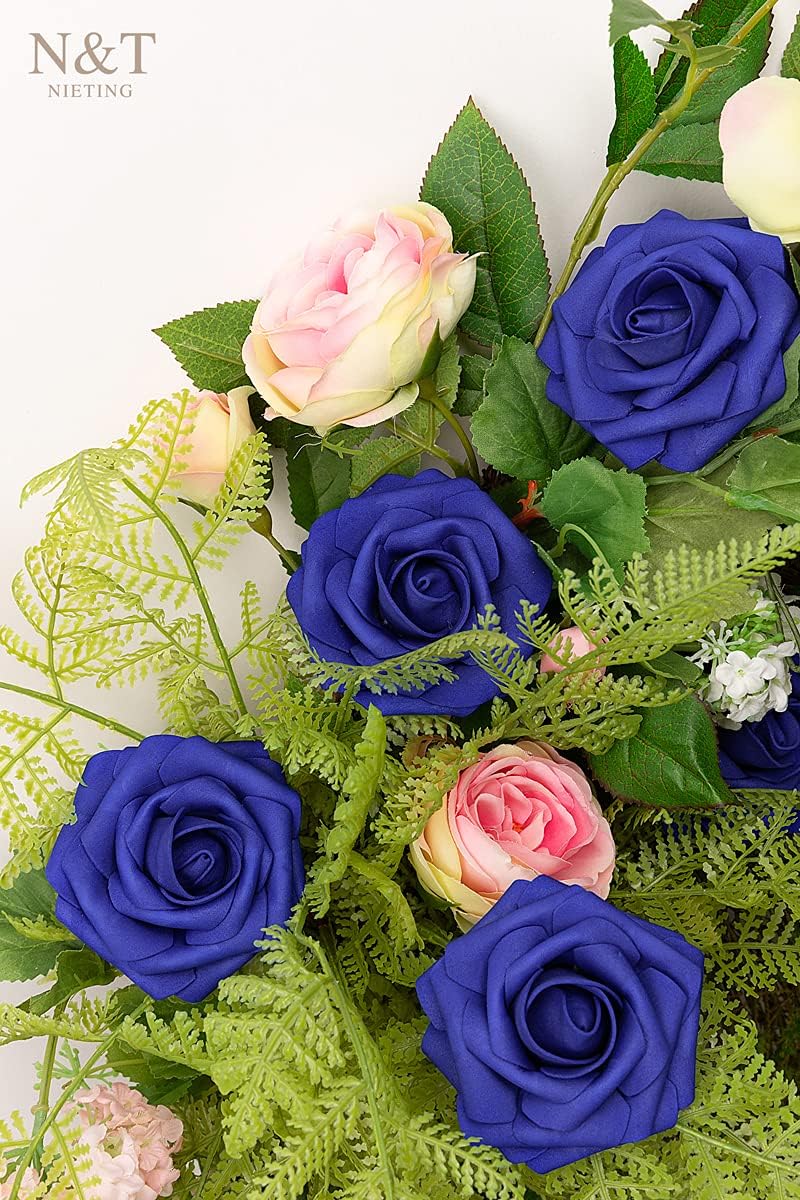 N&T NIETING Artificial Flowers, Royal Blue Fake Flowers Roses with Stems for DIY Wedding Bridal Bouquets Centerpieces Bridal Shower Party Home Flower Arrangement Decorations, 25Pcs
