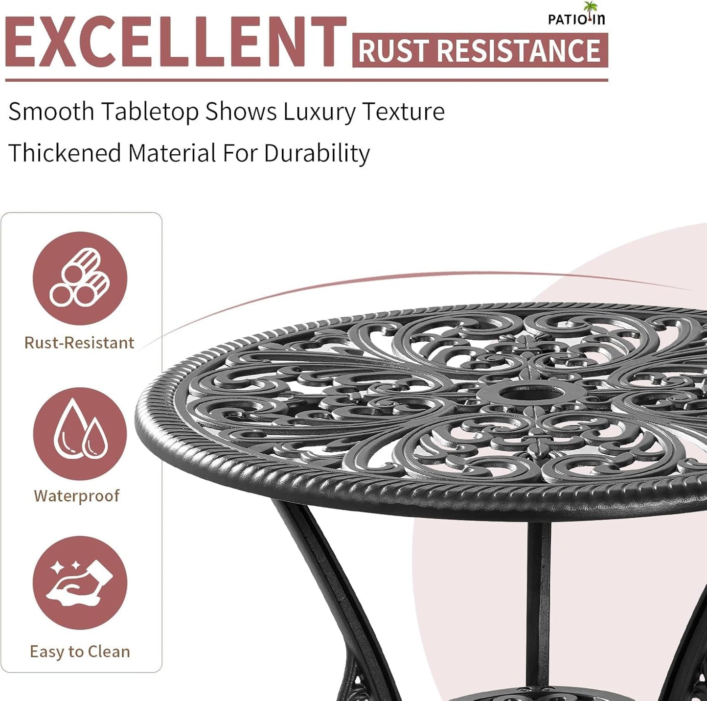 3 Piece Outdoor Bistro Set, Rustproof Outdoor Patio Furniture, Cast Aluminum Bistro Table Set with Umbrella Hole for Backyard, Balcony, Front Porch, Lawn, Pool (Black)