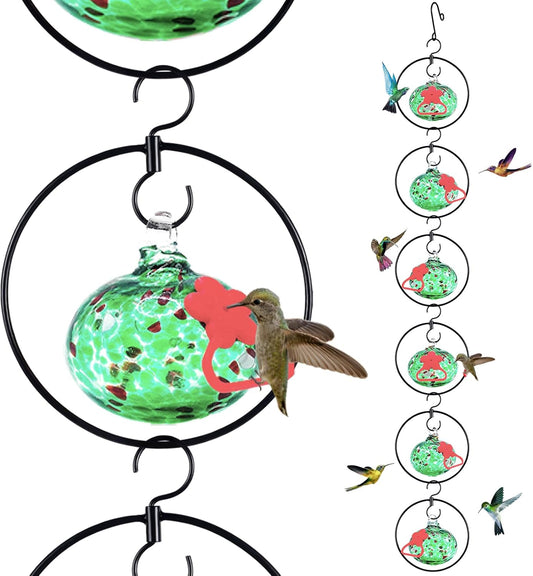 Flexible 6 Pack Hummingbird feeders for Outdoors Hanging Ant and Bee Proof,Detachable Hand Blown Glass Hummingbird Feeder with 6 Adjustable Silicone Perch(Green)
