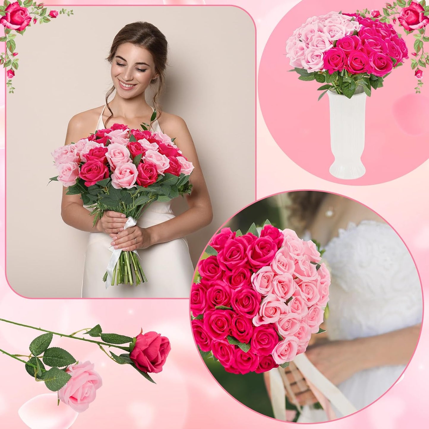 36 Pcs Pink, Hot Pink Artificial Roses with Long Stems, Fake Silk Rose Artificial Flowers Bulk for Bridal Wedding Bouquet Centerpiece Ball Arrangement Party Decor