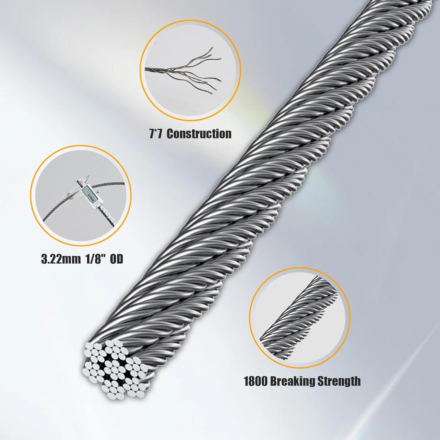 250FT 1/8" Stainless Steel Cable Wire Rope with Cutter, Cable for Deck Railing, 1800 lb Breaking Strength 7x7 Strands, T316 Aircraft Cable for Stair, Fence, Porch