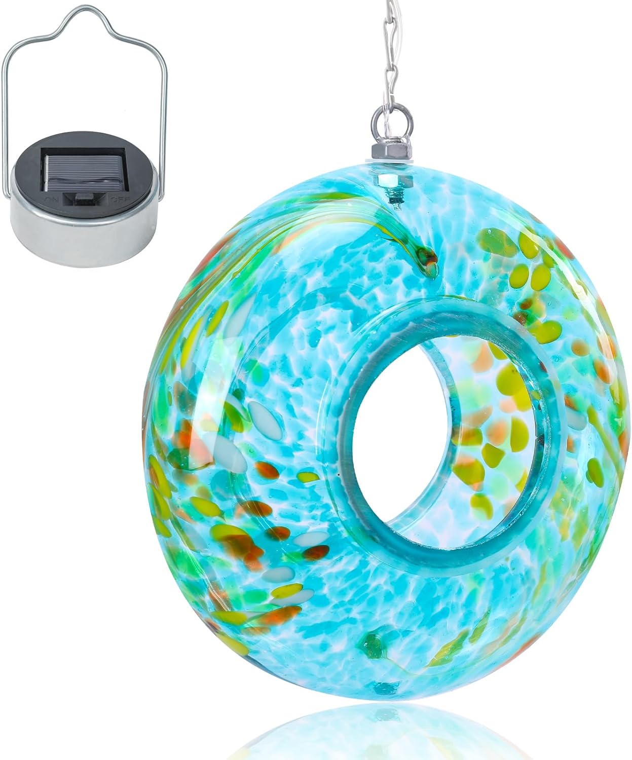 VCUTEKA Bird Feeder Solar Fly Through Bird Feeders for Outside Hanging with Round Shape Glass Container to Attract Wild Birds for Garden Decor, Blue 8"