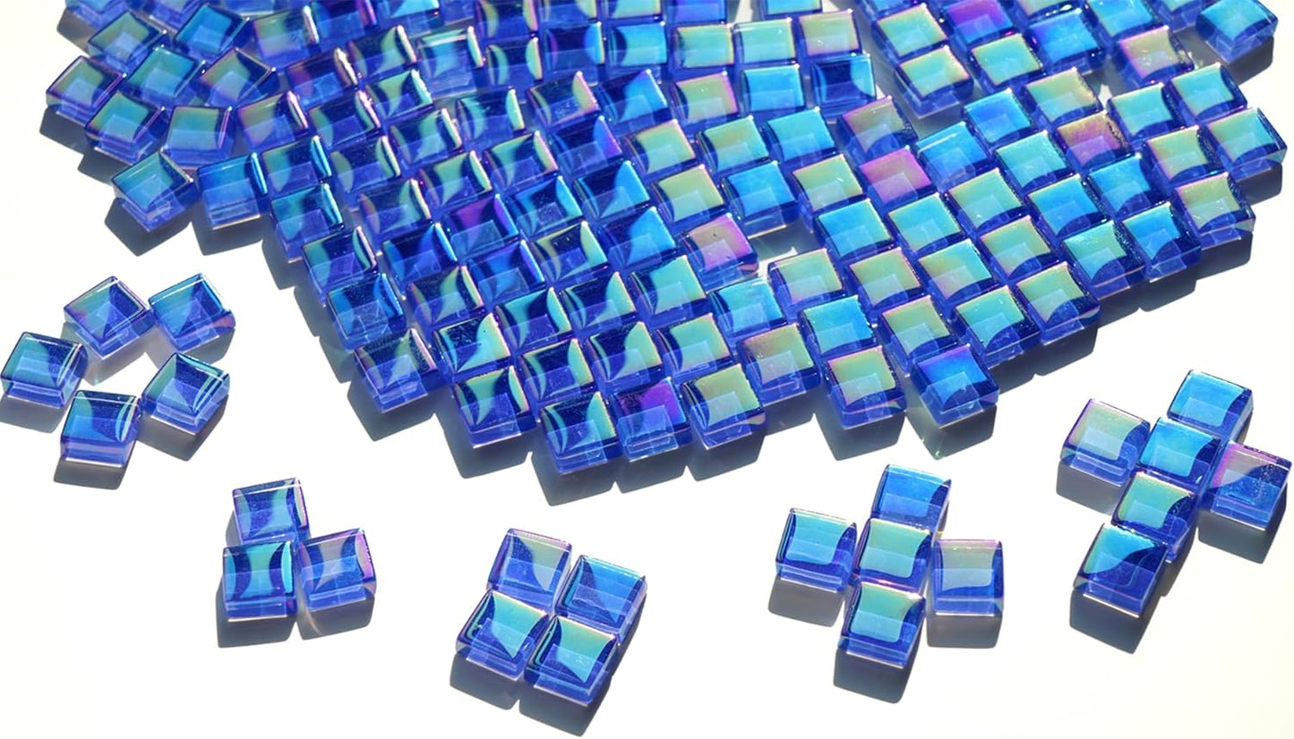 Iridescent Royal Blue Tiles for Mosaic Crafts, 300G Iridized Crystal Stained Glass Pieces for Mosaic, 1x1 cm Square Glass Tiles Great for Mosaic Art Supplies, Mosaic Tiles Home Decoration