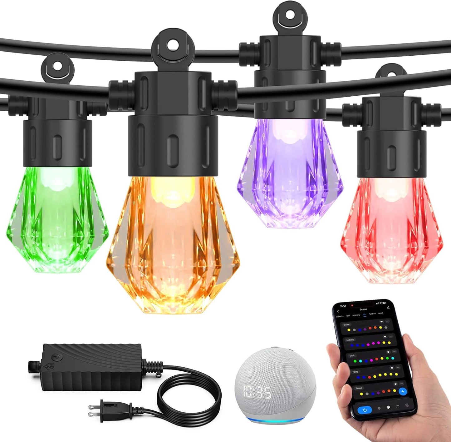 XMCOSY+ 96FT Smart Outdoor String Lights - RGBCWIC Dimmable Acrylic Bulbs, Color Changing LED Patio Lights APP WiFi Control, Compatible with Alexa, IP65 Waterproof Outdoor Lights for Backyard Porch