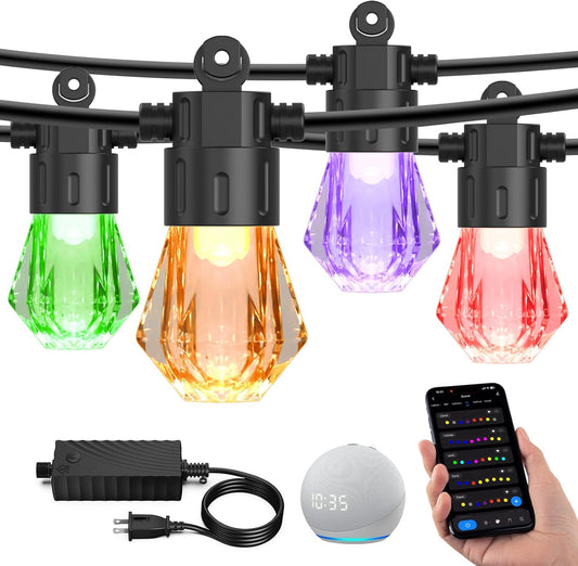 XMCOSY+ 96FT Smart Outdoor String Lights - RGBCWIC Dimmable Acrylic Bulbs, Color Changing LED Patio Lights APP WiFi Control, Compatible with Alexa, IP65 Waterproof Outdoor Lights for Backyard Porch