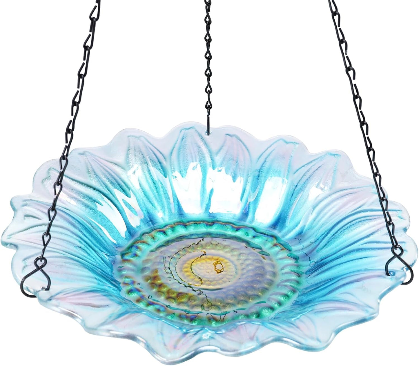 VCUTEKA Bird Bath, Glass Hanging Bird Baths for Outdoors Birdfeeder with 21 inch Rust-Proof Chain for Garden Yard Decor, Blue Daisy