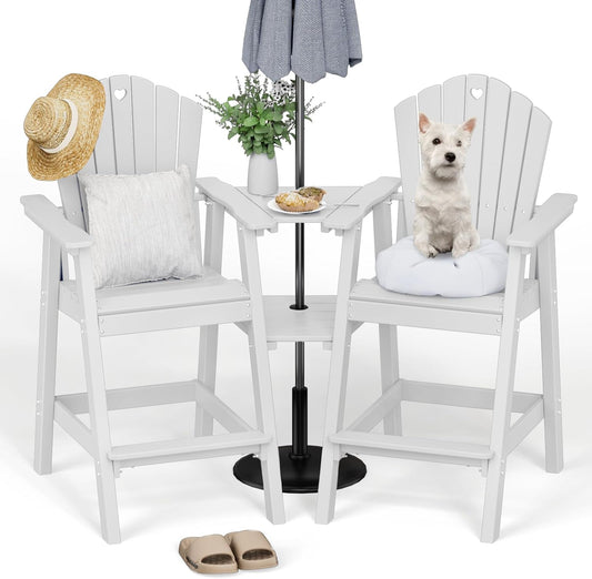 Tall Adirondack Chairs Set of 2 with 2-Layer Connecting Table, HDPE Bar Height Outdoor Table and Chairs with Umbrella Hole, All Weather Outdoor Bar Stools for Patio, Deck, Yard (White)