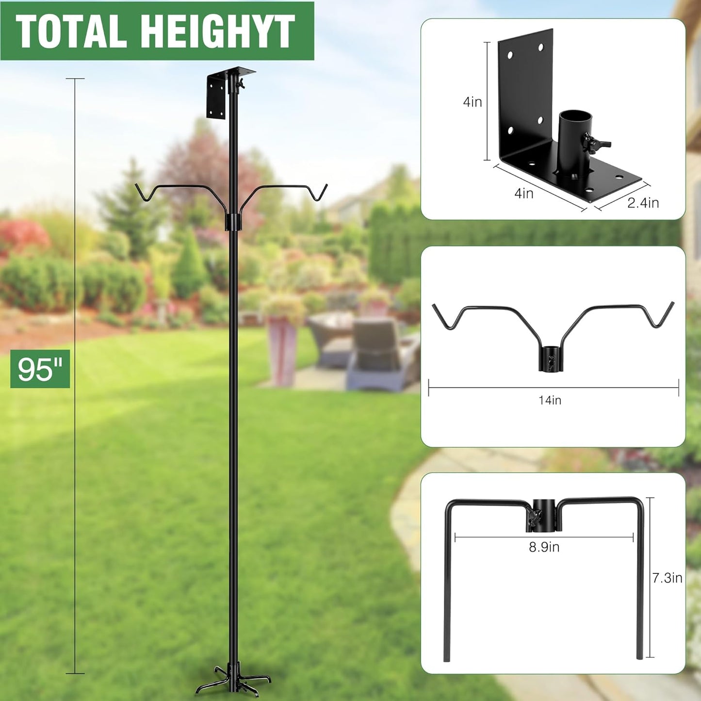 Bird House Pole, 95 Inch Heavy Duty Bird Feeder Pole Mount Kit for Outdoors, Adjustable Bird Feeding Stand, with 2-Hooks, 5-Prong Base for Birds Watching