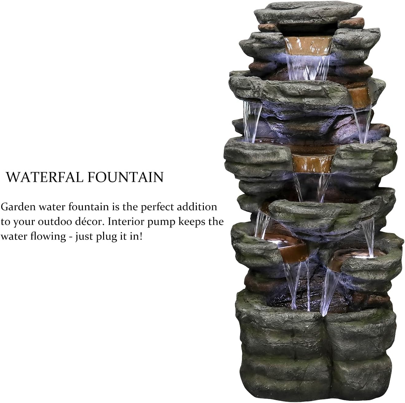SunJet 47.2" High 6-Tiers Cascading Rock Outdoor Water Fountain with LED Lights - Large Outdoor Fountains and Waterfalls for Garden or Patio, Yard, and Deck Decor, Featuring Natural Stone Look