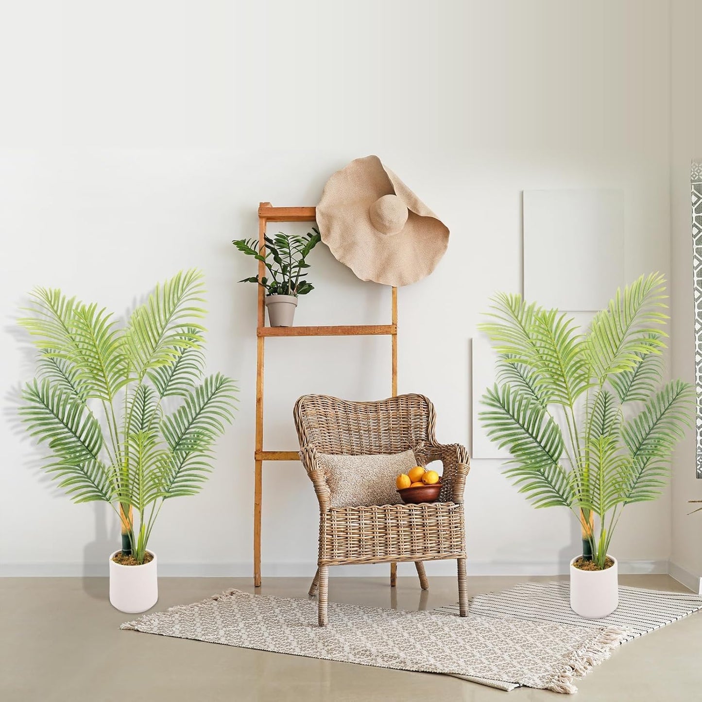 Artificial Fake Palm Tree 4FT 2Pack with White Planter & Free Moss, UV Resistant Artificial Palm Tree for Outdoors, Fake Plants for Poolside Home Room Decor, Faux Plants Outdoor Decor