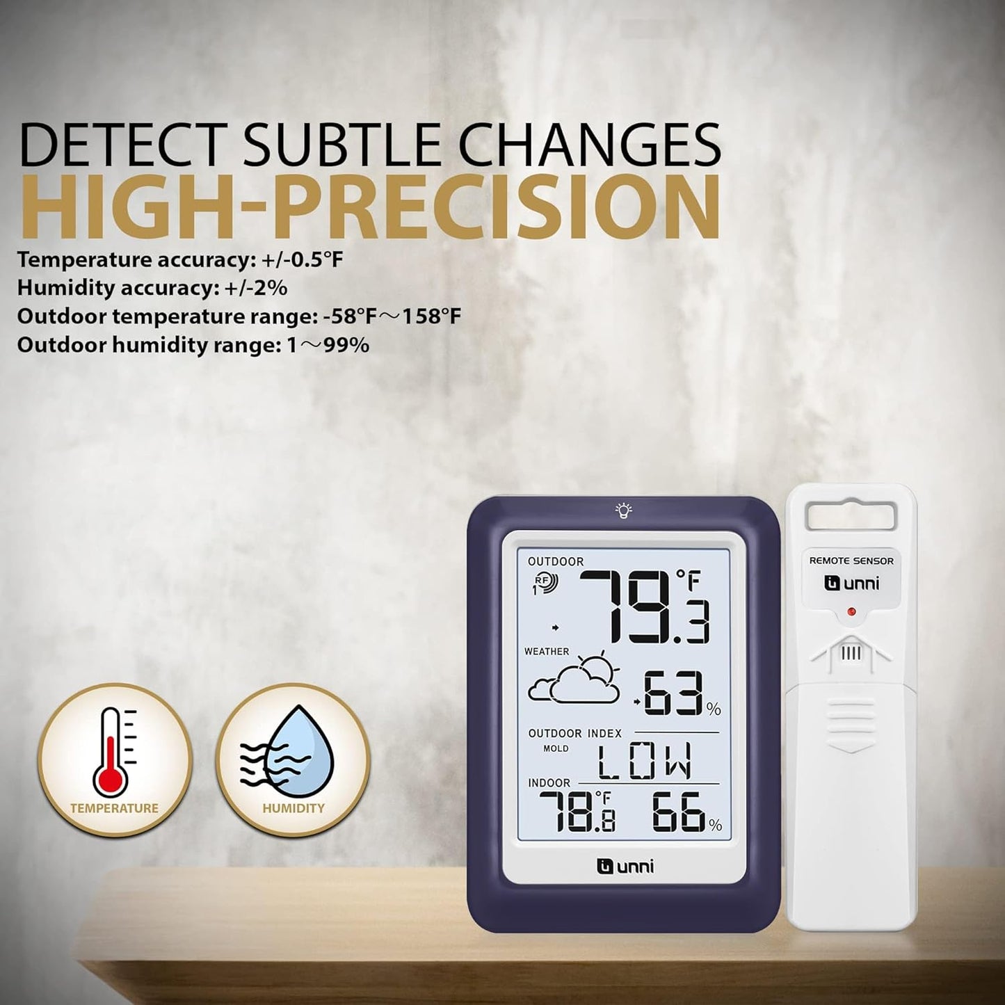 Indoor Outdoor Thermometer Wireless Weather Station, Temperature Humidity Monitor Battery Powered Inside Outside Thermometers with 330ft Range Remote Sensor and Backlight Display (Purple)