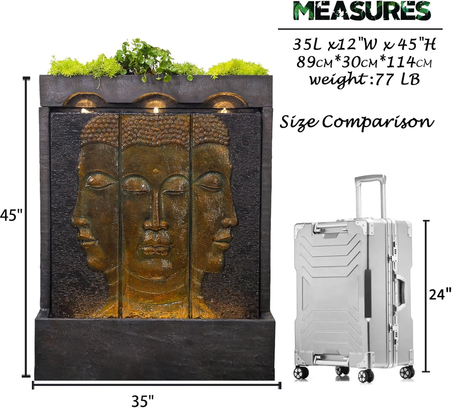 Zen Buddha Outdoor Fountain - Large Indoor Water Fountains Waterfall with Planting Groove Wall Water Feature for Garden Patio Backyard Deck Lawn Home Decor, 45 inchesTall, Gold