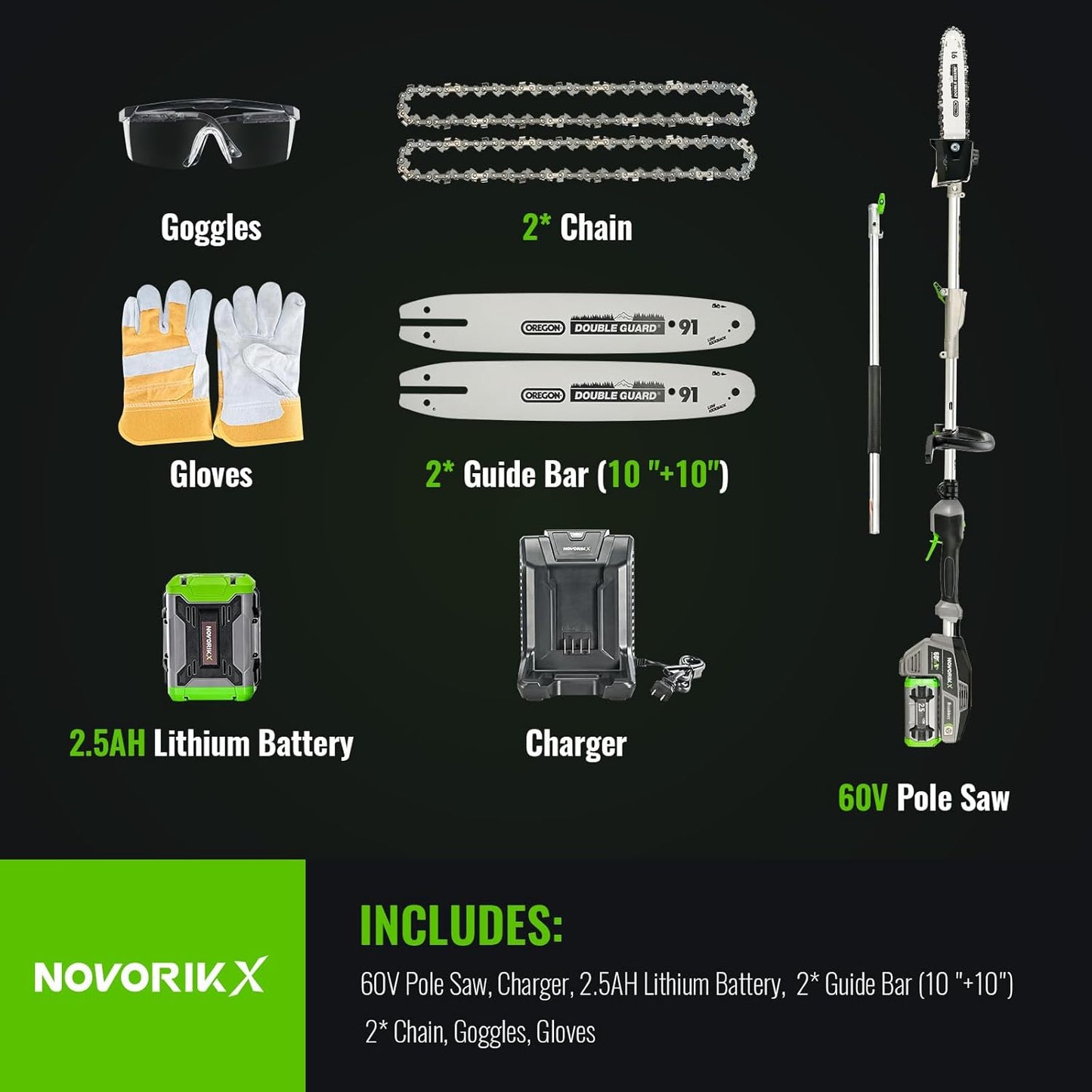 15-FT Cordless Pole Saw 60V Electric Power PoleSaw for Tree Trimming With Pole 10" Cutting Power Max Reach 2.5AH Battery