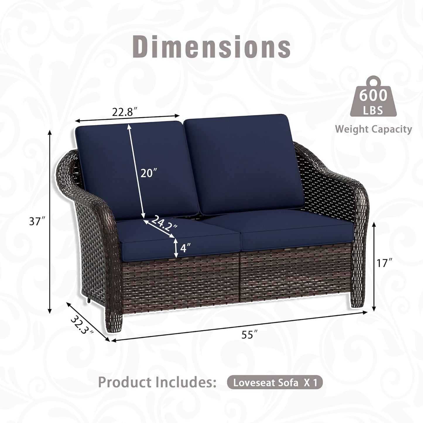3 Piece Patio Wicker Conversation Set, All-Weather Use Outdoor Wicker Loveseat with 2 PE Rattan 360 Swivel Chair, Ideal for Porch, Backyard, Balcony, Poolside, Blue