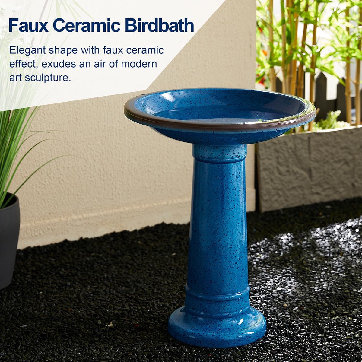 Glitzhome 21.5" H Plastic Cobalt Blue Faux Ceramic Bird Bath for Outside, Hand-Painted Tall Pedestal Style Birdbath for Outdoor Patio Garden Backyard Decking