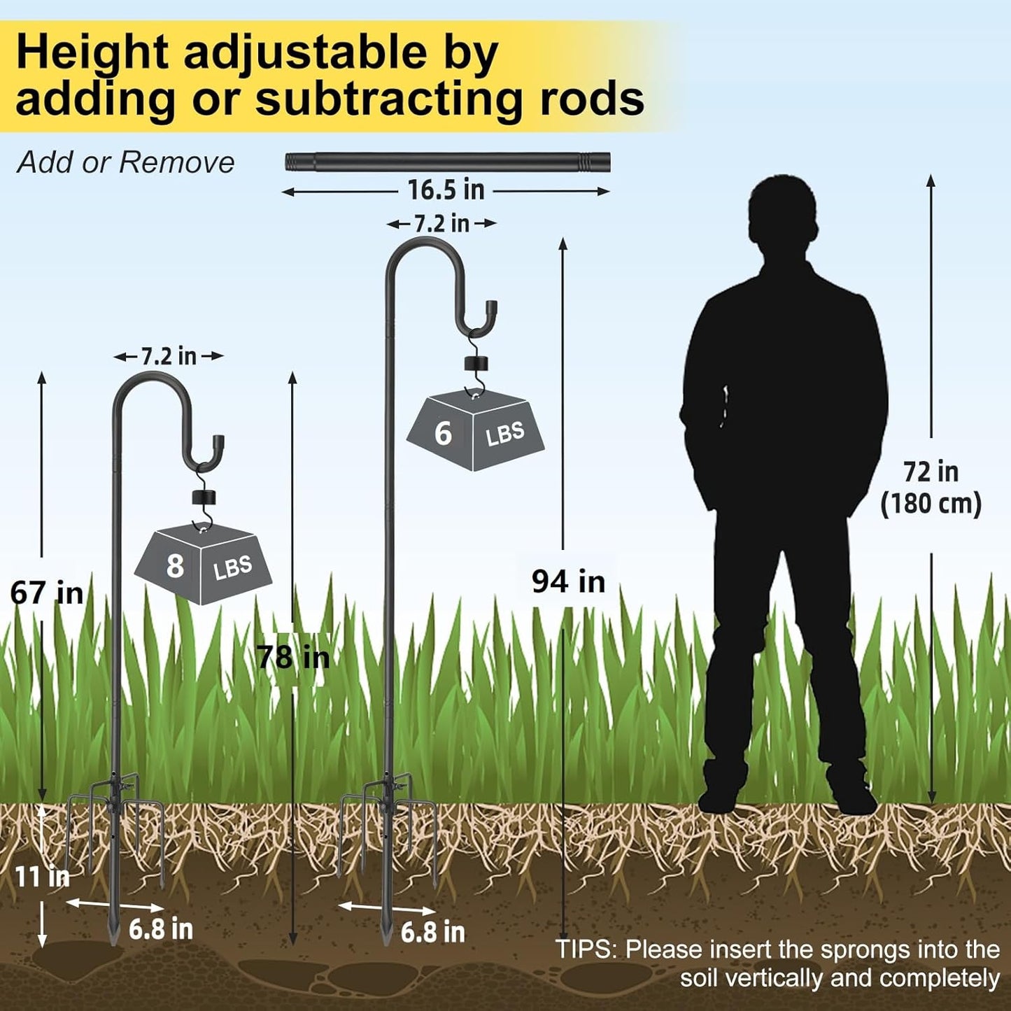 Decorative Shepherd Hooks for Garden, 94 Inch Weather-Resistant Steel – 5 Fork Base Design for Hanging Flower Baskets, Wind Chimes, String Lights – Elegant Scroll Top – Black