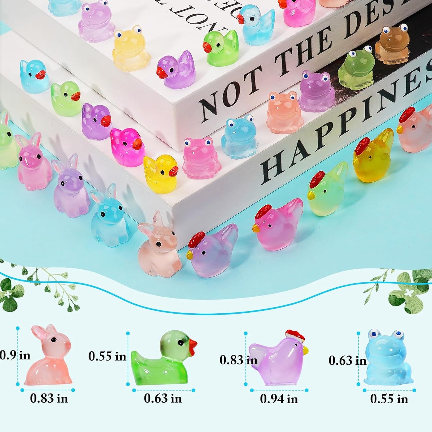 Mini Resin Animals Figures to Hide 72 PCS Luminous Tiny Miniature Figurines Bulk Glow in The Dark Include Baby Ducks Small Chicken Rabbits Frogs for Garden Micro Landscape Aquarium Potted Dollhouse
