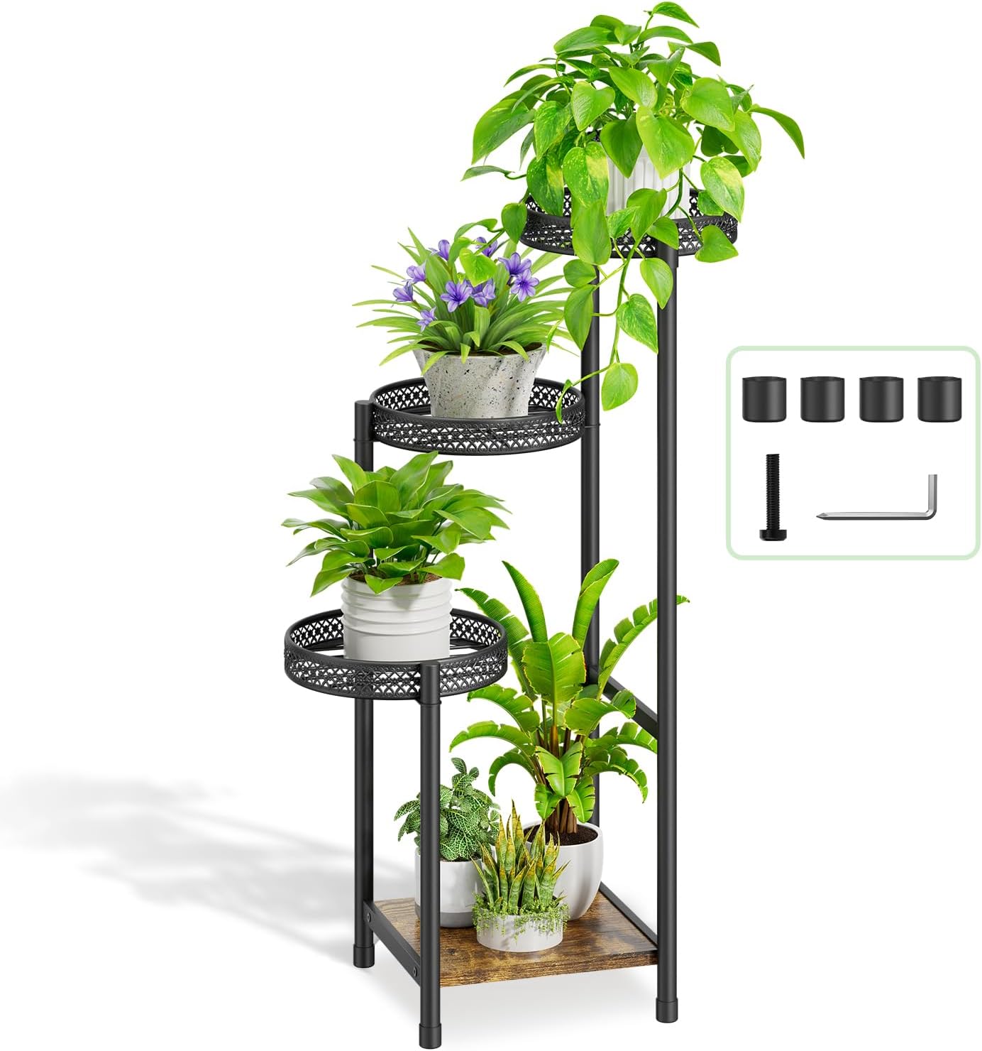 Plant Stand Indoor Outdoor, 4 Tier Metal Flower Pot Shelf Holder Clearance, Tall Corner Rack for Multiple Plants, Modern Organizer Display for Patio Orchid Office Porch Living Room Garden, Black