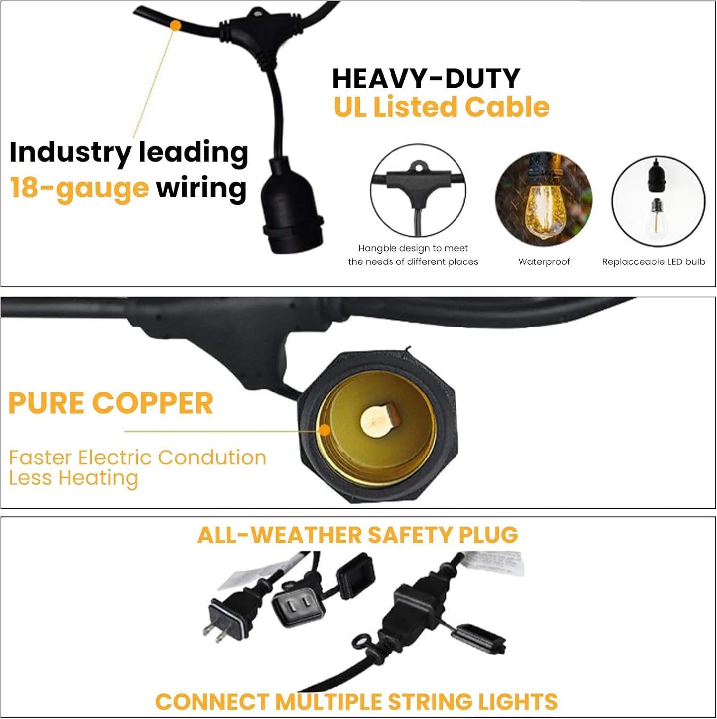 Svater 192 FT Outdoor String Lights 2W, Patio Light for Outside with 64 Antique S14 Plastic LED Bulbs, IP65 Waterproof Hanging Cafe Market Lighting, ETL-Listed Dimmable Warm White (48 FT x 4)