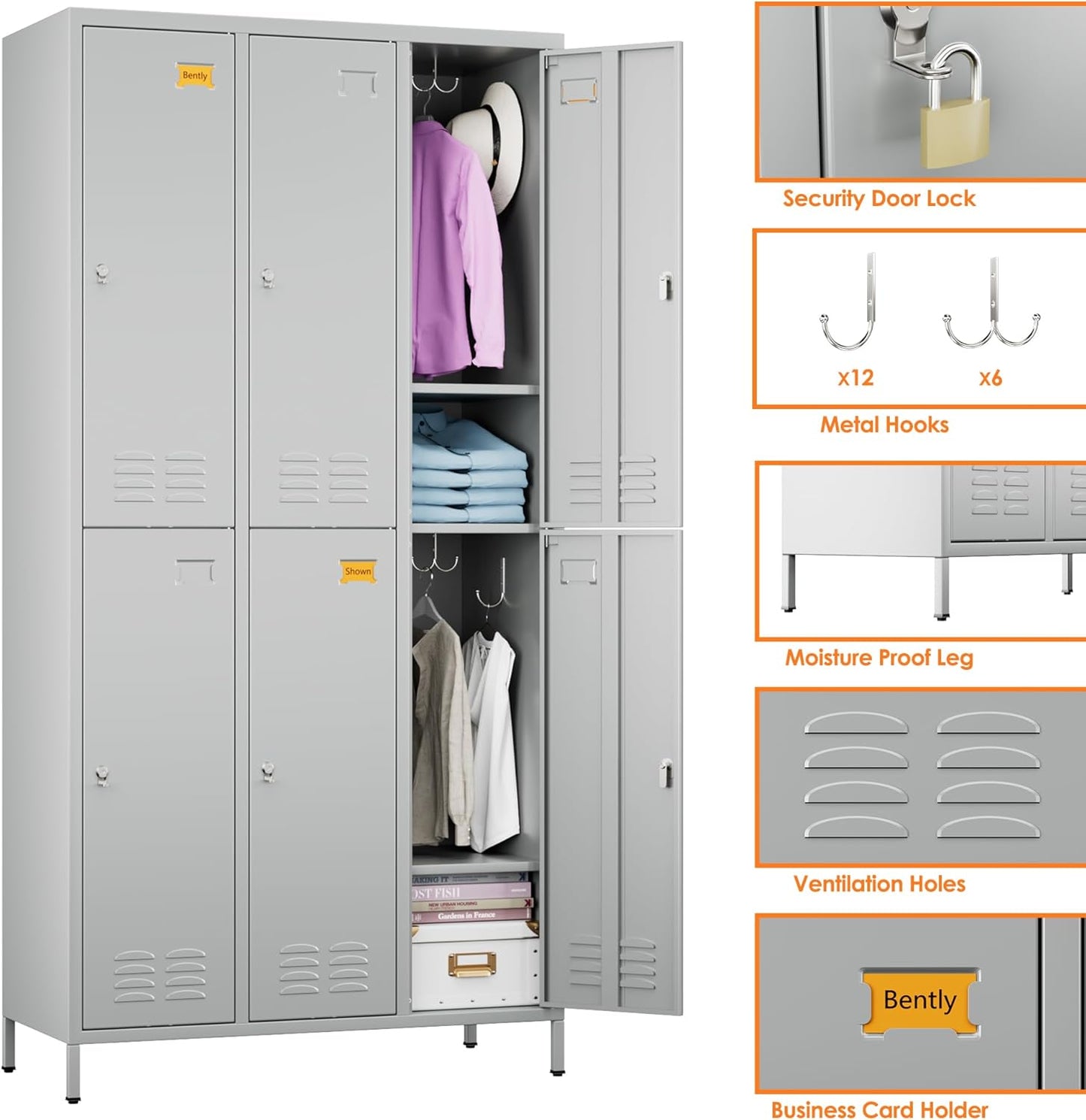 6 Doors Metal Lockers for Employees with 6 Shelves and 18 Hooks, Storage Locker with Business Card Holder for Office Gym School Bedroom, Assembly Required, Light Gray