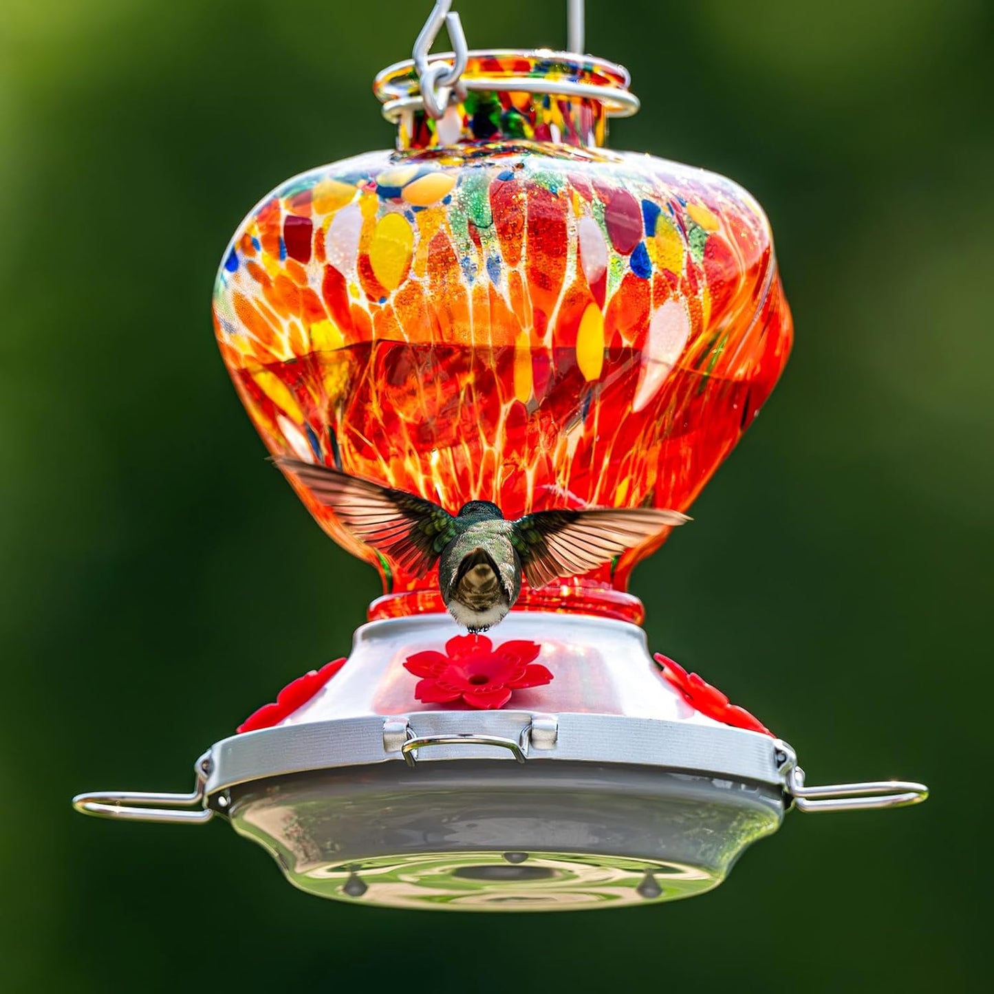 Hummingbird Feeder for Outdoors with Ant Moat, Hummingbird Feeder, Hand Blown Glass, 4 Bee Guard Feeding Ports with Perch, Outdoor Garden Décor, 16OZ, Red, Gifts for Mom Wife Dad Men Women