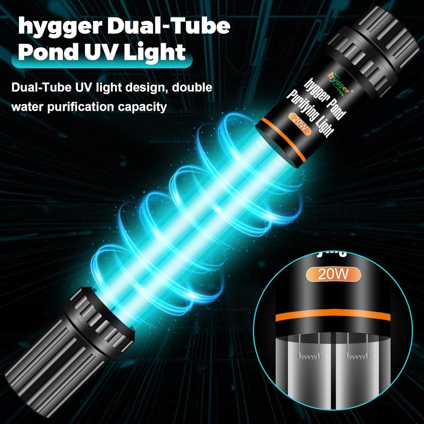 hygger 20W Aquarium U-V Light for 100-1200 Gallon, Pond Water Clarifier for Green Water and Algae Clean, for Koi Pond, Large Fish Tank, Swimming Pool, Cold Plunge, Spa