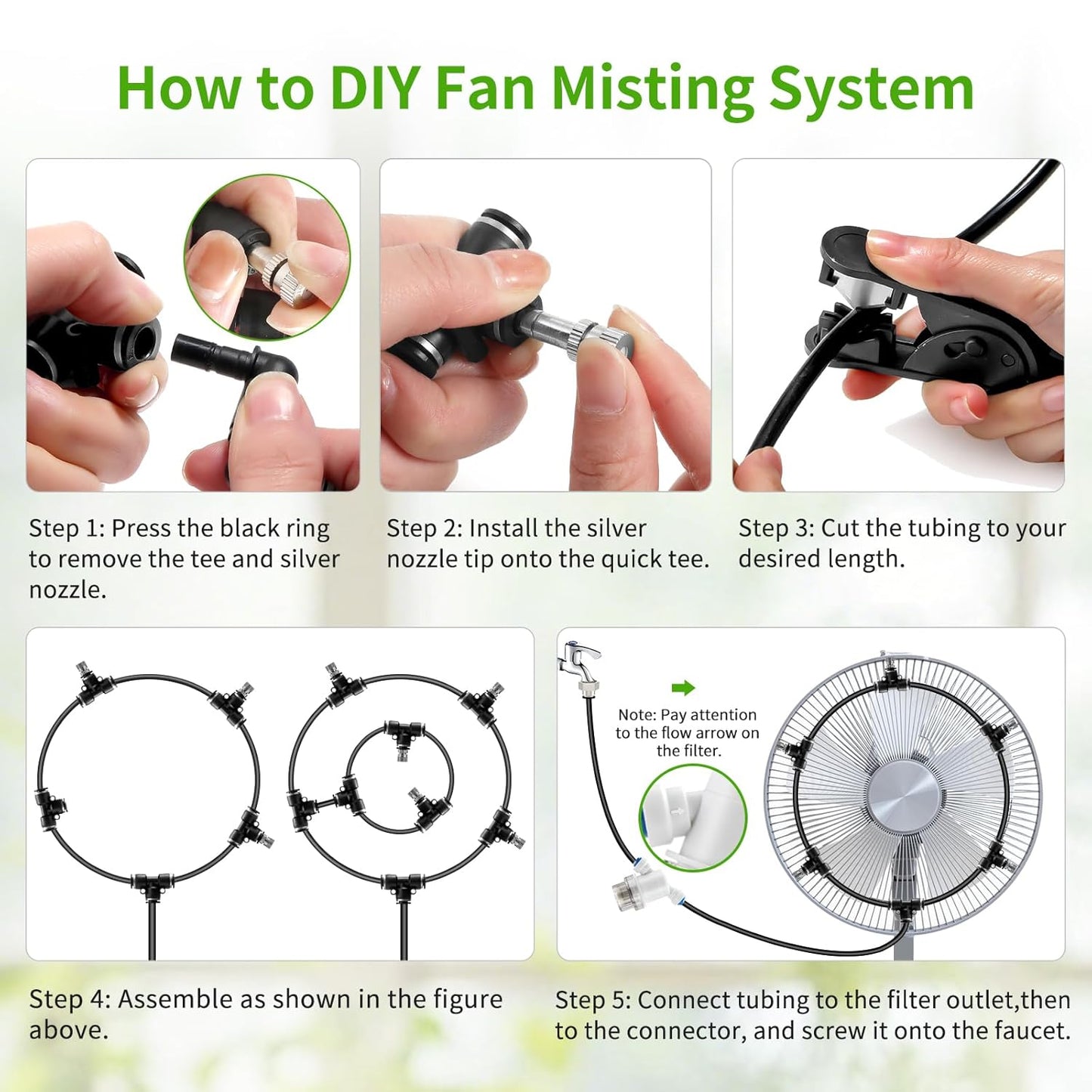 Outdoor Misting Cooling System,49FT (15M) Misting Line + 3/4” Threaded Adapter + 13 Adjustable 360° Nozzles, Garden, Greenhouse, Misters for Outside Patio