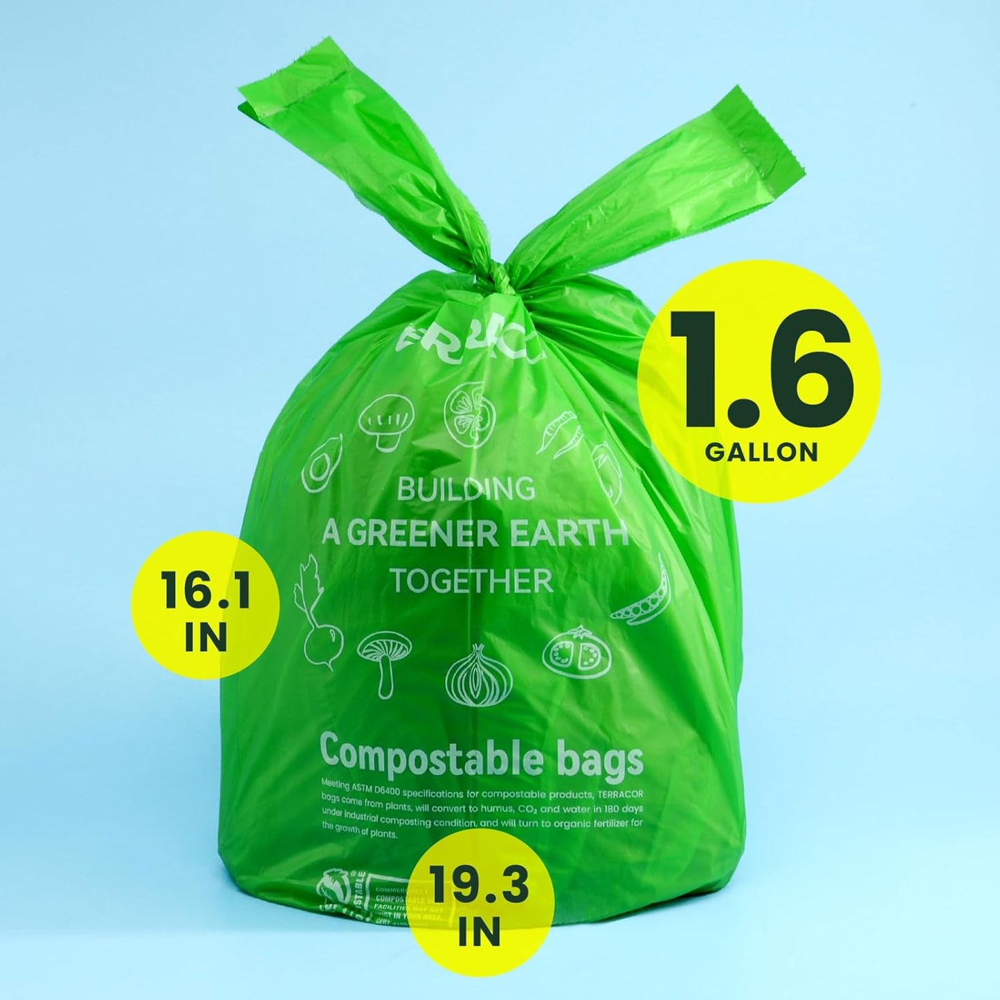 1.6 Gallon Compostable Food Scrap Bags Handle Tie for Kitchen Countertop Bin, 6 Liter Small Compost Bags, 100 Count (Pack of 2), BPI Certified and Meet The ASTM D6400 Standard