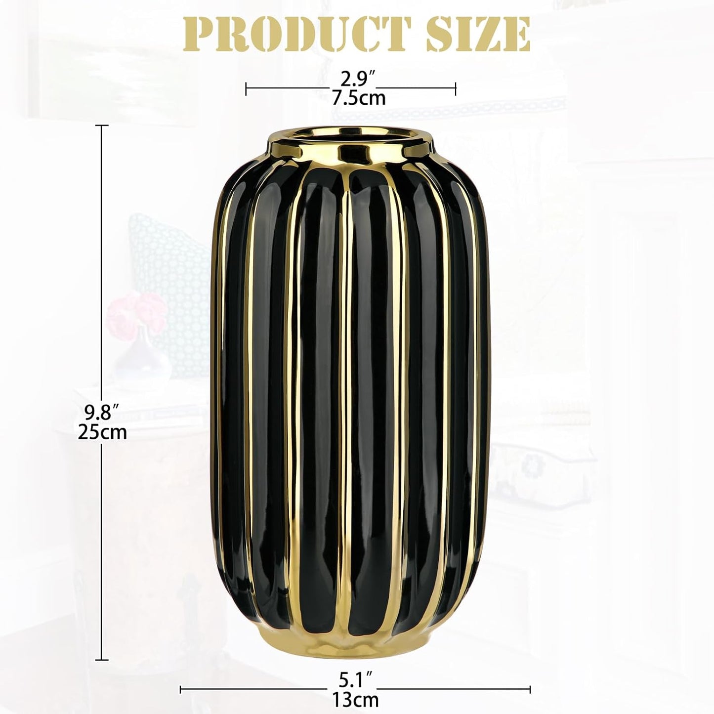 Briful Gold Plated Lantern Ceramic Vase Home Decor Creative Design Porcelain Decorative Flower Vase 11.02'' Black Ceramic Vases for Wedding Anniversary Decoration