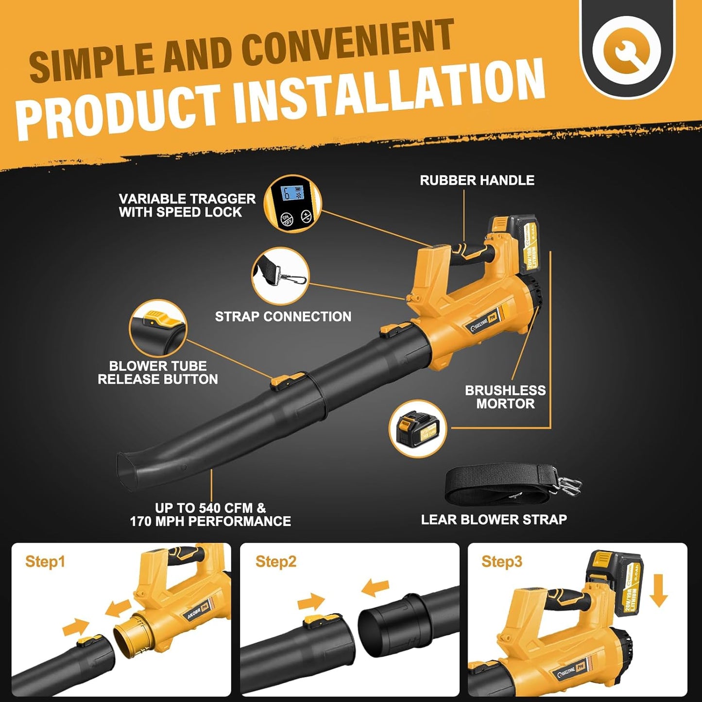 Leaf Blower Cordless, 20V Powerful Electric Leaf Blower with 2 Battery and Charger, 540 CFM/170 MPH Rechargeable Leaf Blowers, 6.0Ah Battery Powered Leaf Blowers for Lawn Care, 6 Speed Mode