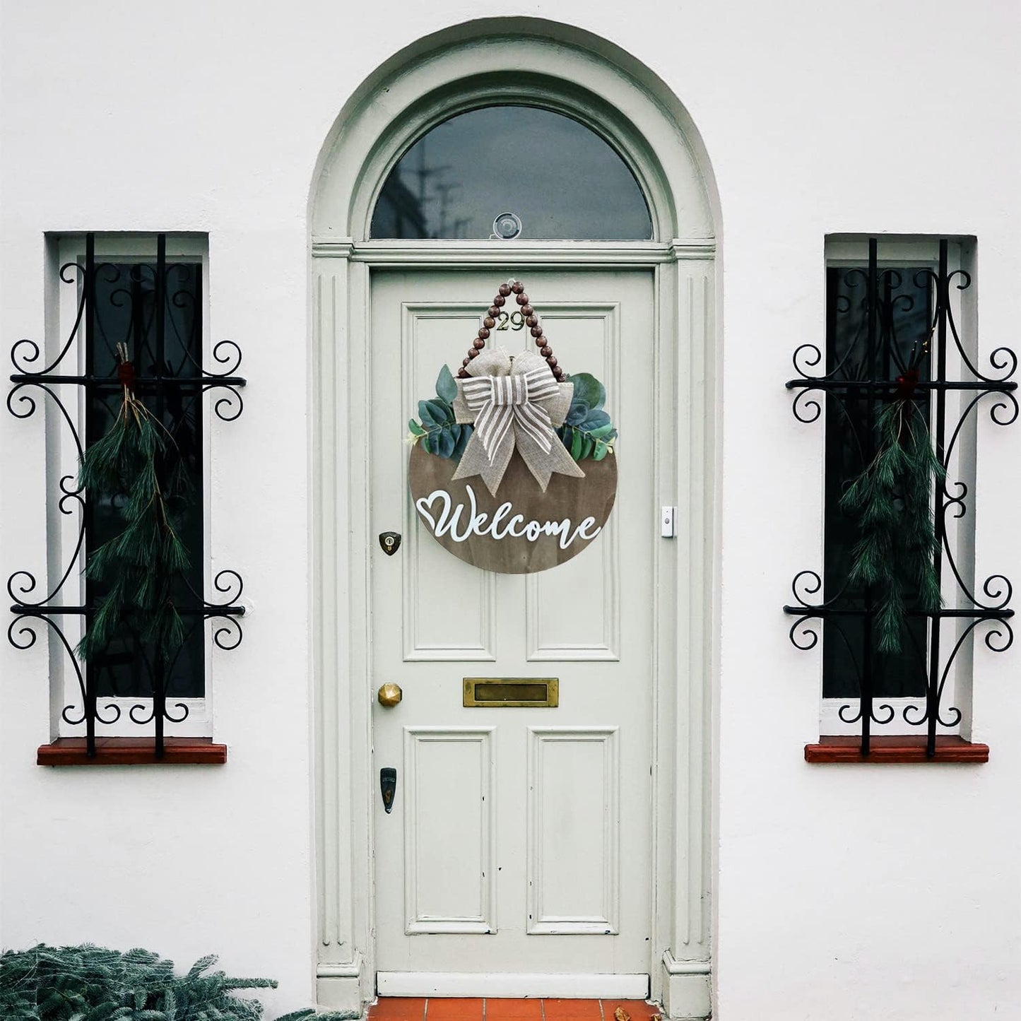 3D Welcome Sign for Front Door |Home/Farmhouse Porch Décor Wooden Hanging Sign with Artificial Leaves and Rustic Beads | Christmas Classroom |12" Round