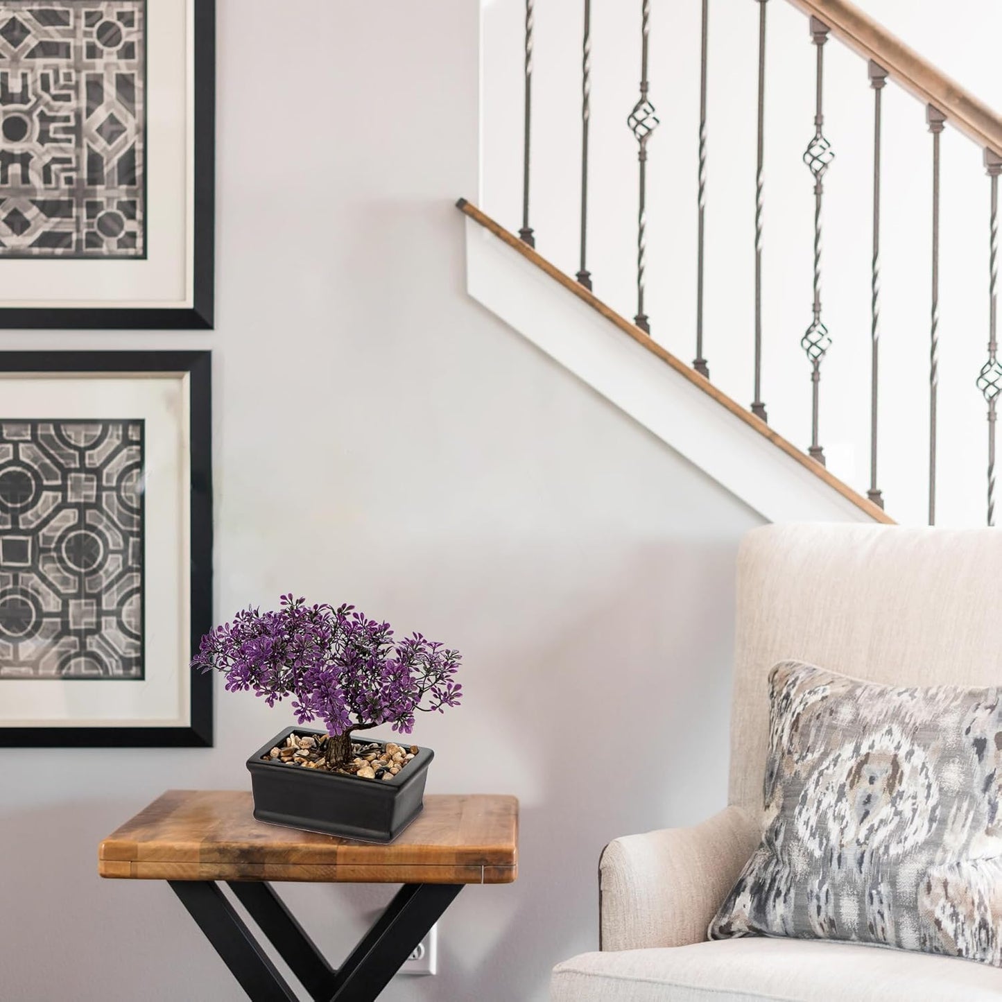 Artificial Bonsai Tree Juniper Faux Plants Indoor Fake Plants Decor with Black Ceramic Pots for Home Table Office Desk Bathroom Shelf Bedroom Living Room Farmhouse Decorations-Purple